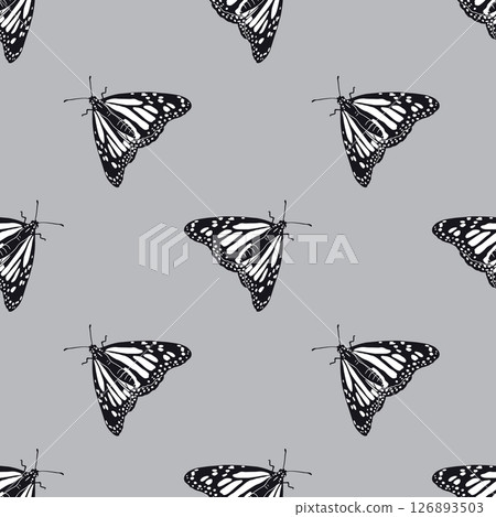 Seamless pattern with hand drawn black and white monarch butterflies on gray background 126893503