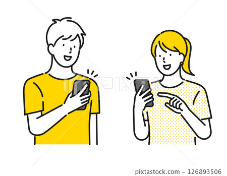 Illustration material: Illustration of a young man and woman looking at a smartphone 126893506