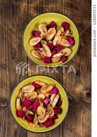 Flavorful shrimp with dragon fruit or pitaya. 126893531
