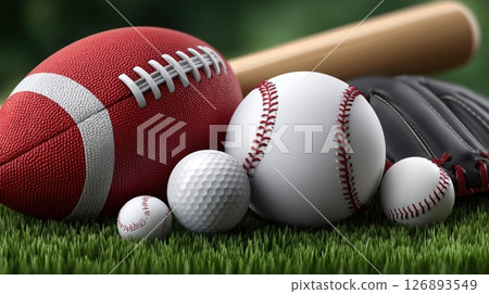 Collection of American sports equipment including football, baseball, and golf ball on grass 126893549