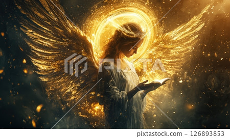 Mystical angel prayer surrounded by golden light 126893853