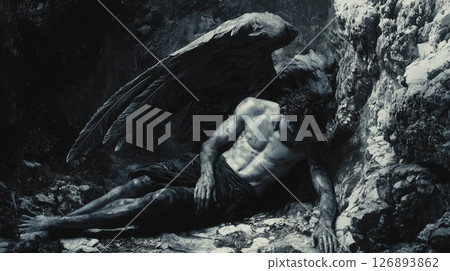A fallen angel with black wings, exhausted on the rocks 126893862