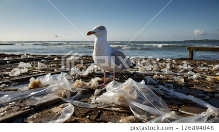 Seagull standing among plastic waste on a coastal pier, environmental pollution concept 126894048