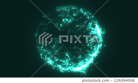 Teal glowing energy sphere made of swirling neon lines and particles on a deep green backdrop 126894098