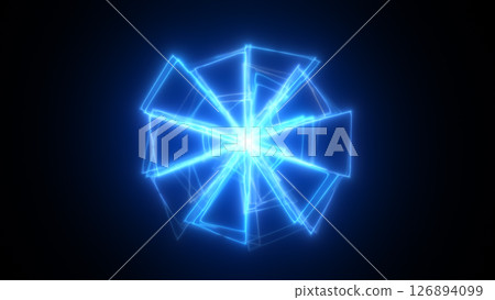 Electric blue energy starburst in a geometric radial form with glowing symmetry and futuristic light trails 126894099