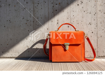 Your It Bag orange suede satchel with silver buckles staged in bright sunlight against concrete Your It Bag orange suede satchel with silver buckles staged in bright sunlight against concrete 126894125