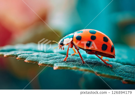 Macro photo of a red ladybug with black dots walking on a green leaf with colorful blurred background 126894179