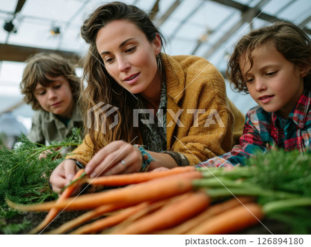 Teacher with children harvesting fresh carrots in greenhouse 126894180