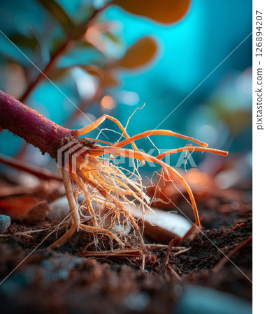 Delicate yellowish roots of plant sprouting through earthy soil in natural light 126894207