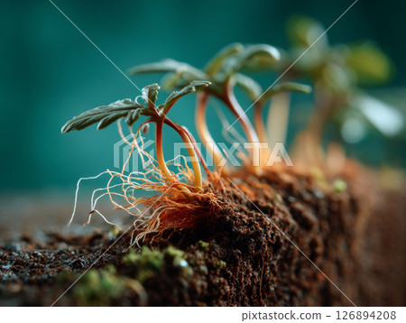 Macro view of seedling roots emerging from soil with fine white hairs visible 126894208