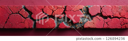 Red travertine tile surface with cracked structure and pepper-like texture on deep red background Red travertine tile surface with cracked structure and pepper-like texture on deep red background 126894236
