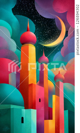Fantasy architecture under moonlit sky with vibrant glowing towers and stars 126894302