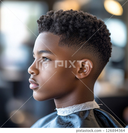 A young African American boy sits quietly in profile at a barber shop, focusing on the haircut process while surrounded by an atmosphere of care and style 126894364