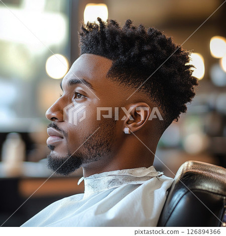 A 30 year old African American man sits in profile at a barber shop, focusing on his stylish haircut while hair clippings are carefully groomed away, highlighting the artistry of barbers 126894366