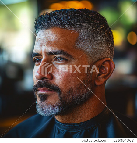 A 50 year old Hispanic man sits in profile at a barber shop, focusing on his grooming experience under soft lighting as he prepares for a stylish haircut 126894368