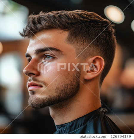 A young European man in profile sits in a barber shop chair as he receives a stylish haircut 126894379