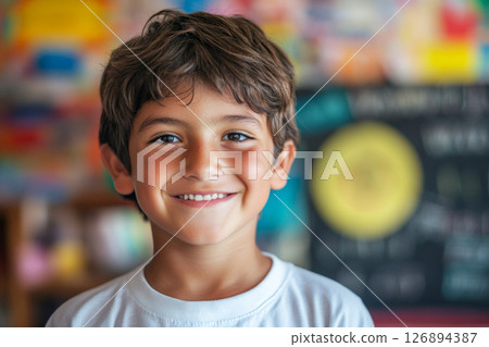 A cheerful Hispanic boy, around ten years old, smiles warmly as he stands in a vibrant classroom filled with learning materials and a chalkboard in the background 126894387