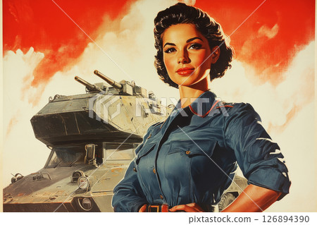 Female tanker in full uniform stands before a modern tank, styled as a bold pin-up poster with strong, patriotic energy 126894390