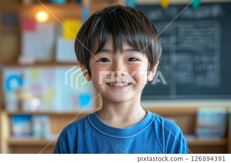 A cheerful Asian boy, around ten years old, smiles brightly while participating in a group activity in a vibrant classroom filled with colorful decorations and notes 126894391