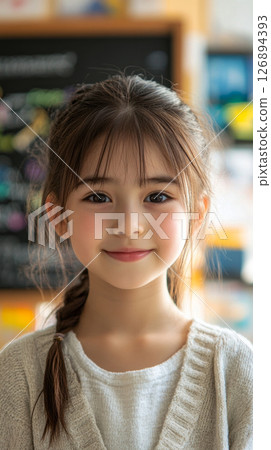 Bright and cheerful Asian girl, around ten years old, stands in a classroom, smiling joyfully as she engages with classmates, surrounded by educational materials and a chalkboard 126894393