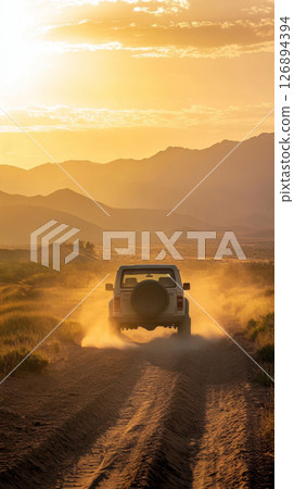 Sand flies as off-road truck powers through dry trail, wheels grip hot dune slope in a bold solo ride across vast arid land 126894394