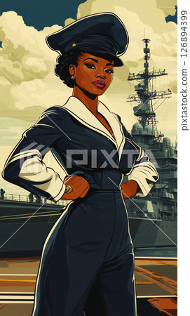 Young Afroamerican woman in naval uniform standing confidently with a battleship in the background at a dock during a bright day 126894399