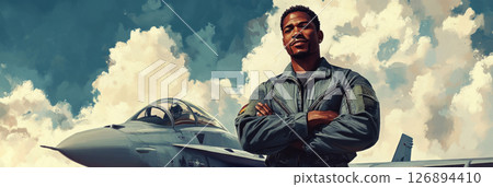 A charismatic pilot in flight gear stands proudly near a vintage aircraft, embodying the glamour and spirit of the 1950s aviation culture and advertising style 126894410