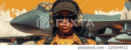 A stylish pilot dons oversized sunglasses and headphones, exuding confidence in front of a vintage fighter jet. The artwork captures the essence of 1950s glam and aviation, banner 126894412