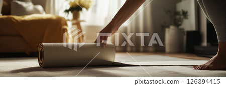 A serene close-up of a hand unrolling a yoga mat with a young, fit woman in a peaceful living room, ready for her yoga session, perfect for fitness marketing, banner 126894415