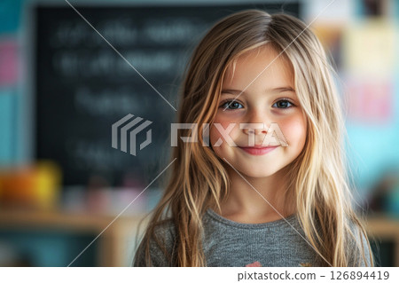 A Scandinavian girl, about 10 years old, smiles brightly in a classroom filled with colorful notes and a chalkboard in the background, creating a cheerful atmosphere for learning 126894419
