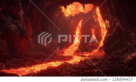 Underground caverns of the demon world where lava flows 126894457