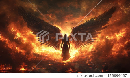 Silhouette of a fallen angel standing in flames 126894467