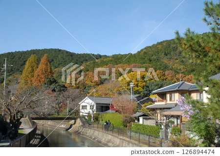 Autumn landscape of a Japanese residential area along a river Autumn landscape of a Japanese residential area along a river 126894474