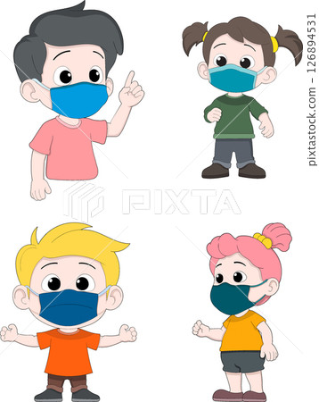 Cartoon Children Wearing Face Masks Vector Set 126894531