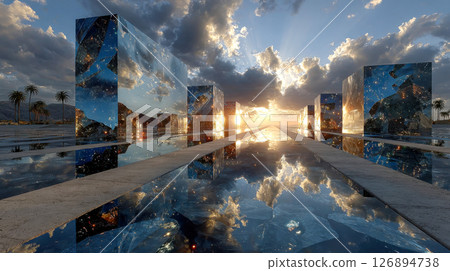 Surreal landscape of mirrored monoliths reflecting a dramatic sunset sky, creating an ethereal, futuristic scene 126894738