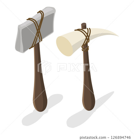 3D Isometric Flat Vector Set of Primal Stone Age Tools, Prehistoric Weapons. Item 4 3D Isometric Flat Vector Set of Primal Stone Age Tools, Prehistoric Weapons. Item 4 126894746