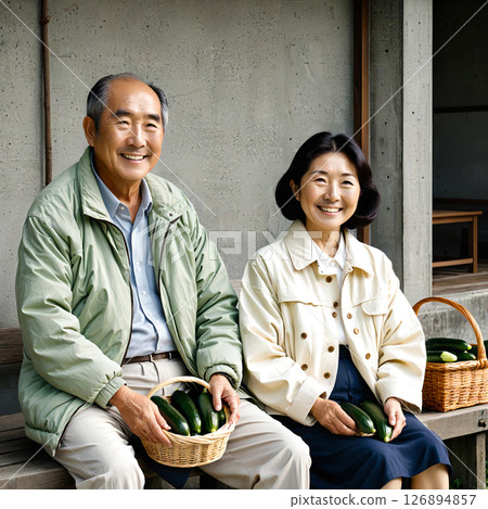 Happy elderly couple holding freshly picked cucumbers 126894857