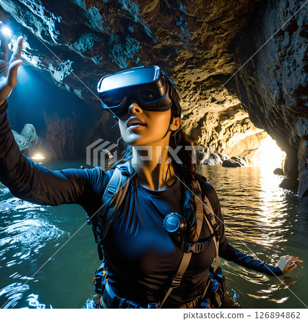 Woman exploring a cave in virtual reality Woman exploring a cave in virtual reality 126894862