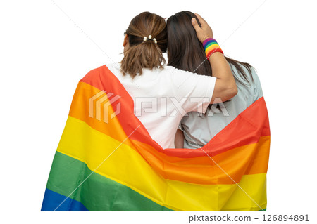 Asian couple woman with LGBT rainbow flag isolated on white background. 126894891