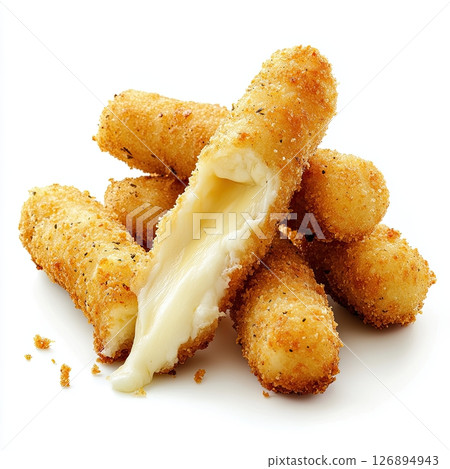 Golden crispy mozzarella cheese sticks with melted center, isolated on white background 126894943