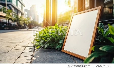 Empty sign with wooden frame on urban sidewalk in evening sunlight, suitable for branding  126894970