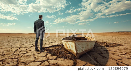 Lonely man in desert cracked soil next to boat under cloudy sky, symbol of crisis 126894979