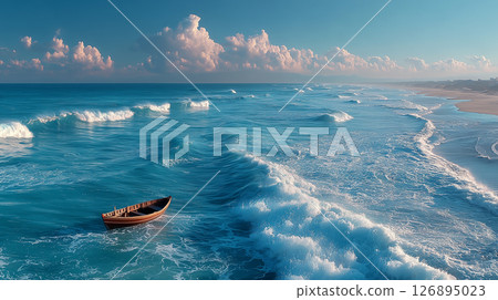 一艘小木船漂浮在清澈的藍色海浪和寬闊的海岸線上 126895023