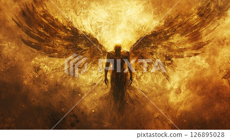 Silhouette of a sacred angel carrying golden light 126895028