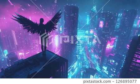 黑翼天使俯瞰霓虹城市 黑翼天使俯瞰霓虹城市 126895077