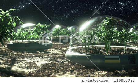 Futuristic plant cultivation in a lunar dome 126895082