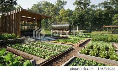 An eco-farm surrounded by forest and a well-maintained vegetable garden 126895088