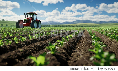 拖拉機行駛的廣闊農場景觀 拖拉機行駛的廣闊農場景觀 126895094