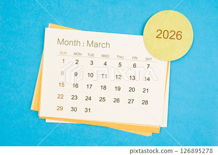 March 2026 calendar page on blue background. March 2026 calendar page on blue background. 126895278