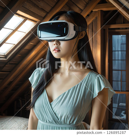 Woman explores virtual reality in the attic 126895287
